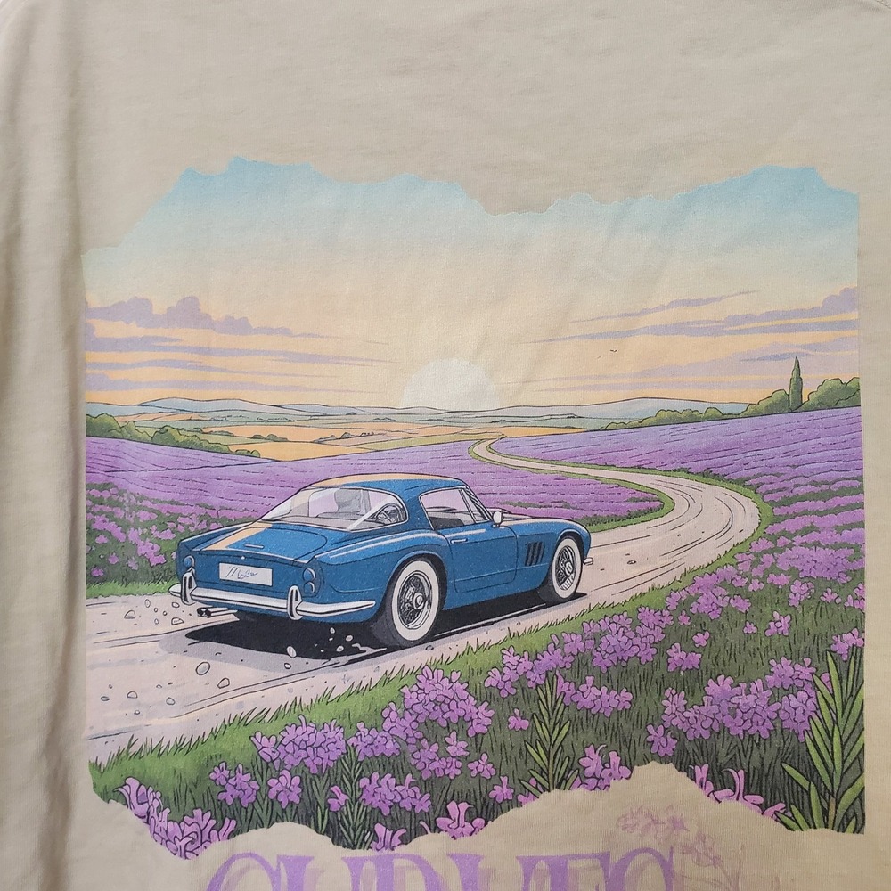 Malka Curves de Provence Graphic T-Shirt Tan Beige Blue Car Lavender Field L